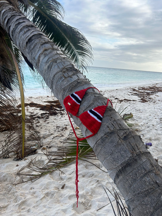a top in the colours of the Trinidad and Tobago flag laid on a palm tree on the beach