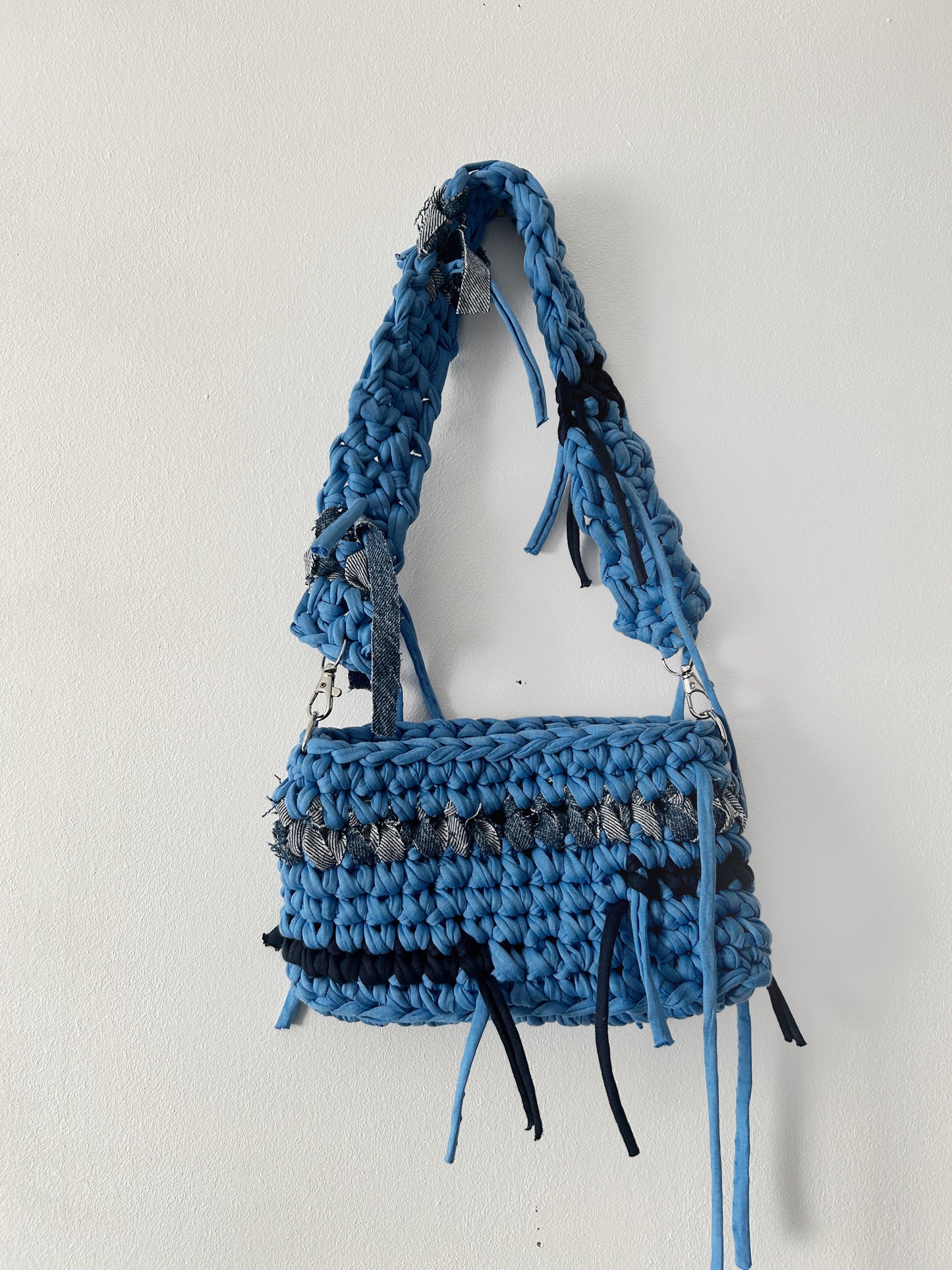 blue distressed crochet shoulder bag