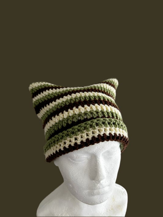 cream brown and green cat beanie 