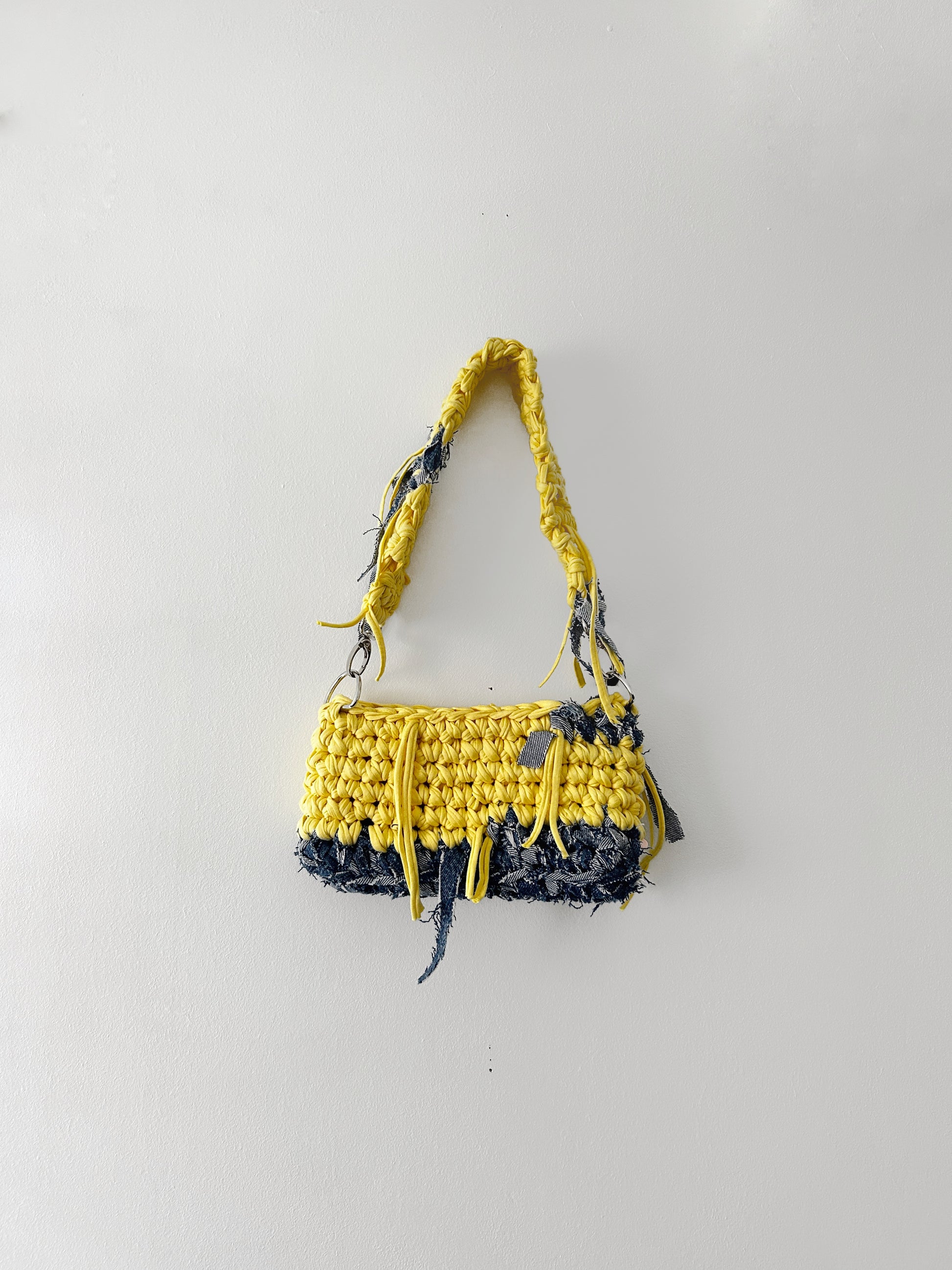 yellow and denim crochet distressed shoulder bag 