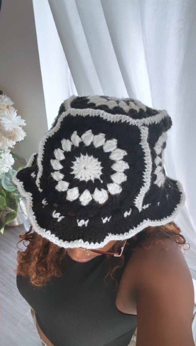 white and black sunburst crochet bucket hat