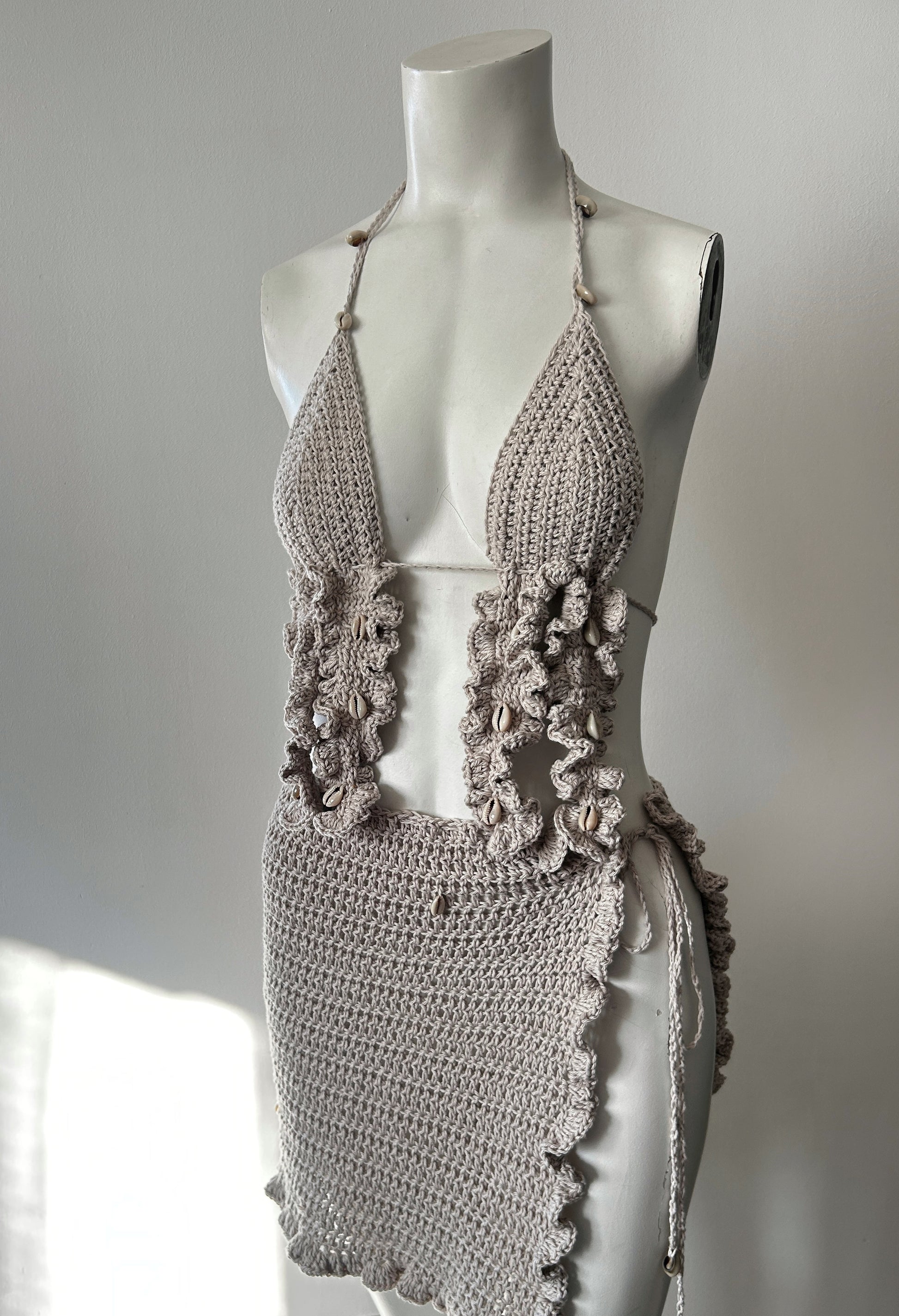 beige sand crochet shell top