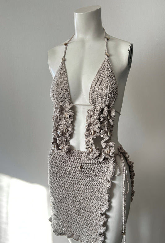 beige sand crochet shell top