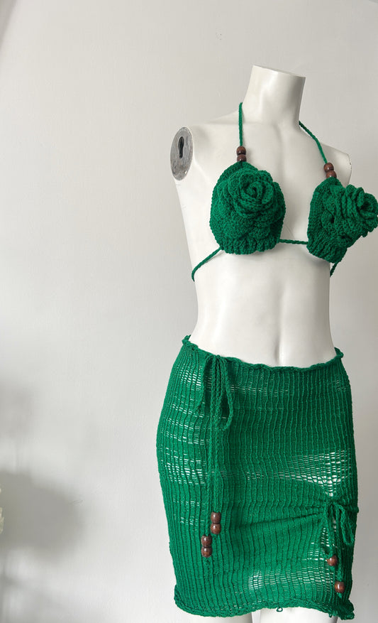 green flower crochet top and skirt with brown beads